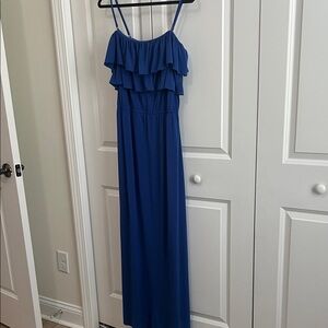 Strapless royal blue maxi dress with ruffle